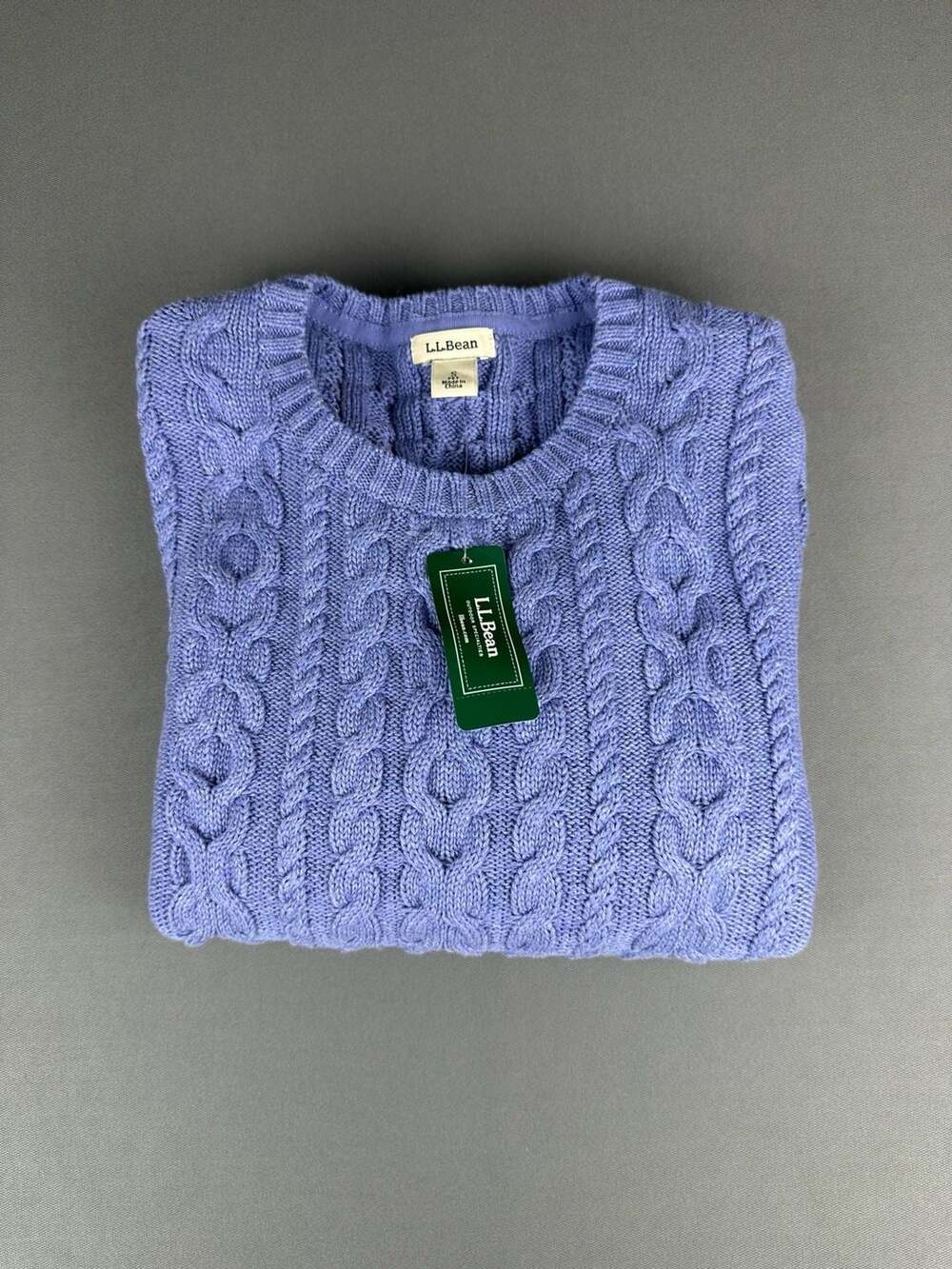 L.L. Bean Cable Knit Sweater Size S Petite Blue 100% Cotton Crewmeck - NWT